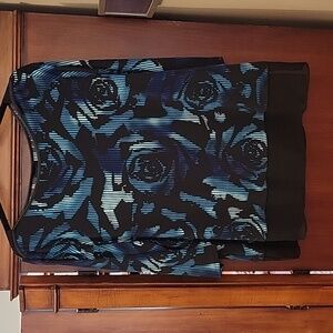 Worthington | Black & Blue Abstract Floral Print 3/4 Sleeve Blouse Petite Large